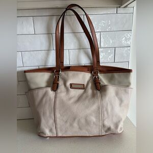 Tignanello Cream Brown Large Leather Tote Bag Purse Pebbeled Shoulder Handbag